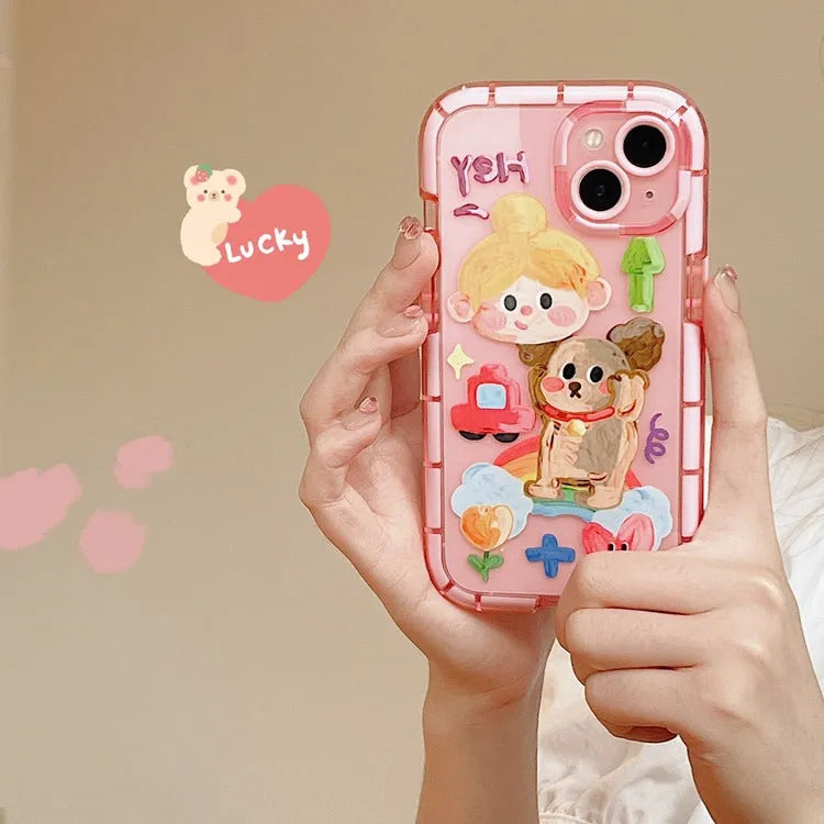 Cute oil painting dog phone case in pink with rainbow bear design for Apple iPhone