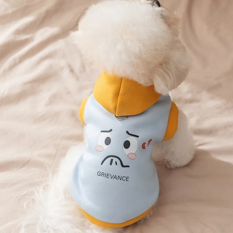 Autumn winter Korean dog hoodie with cute cartoon bear design for small medium pets, available in Blue and Yellow