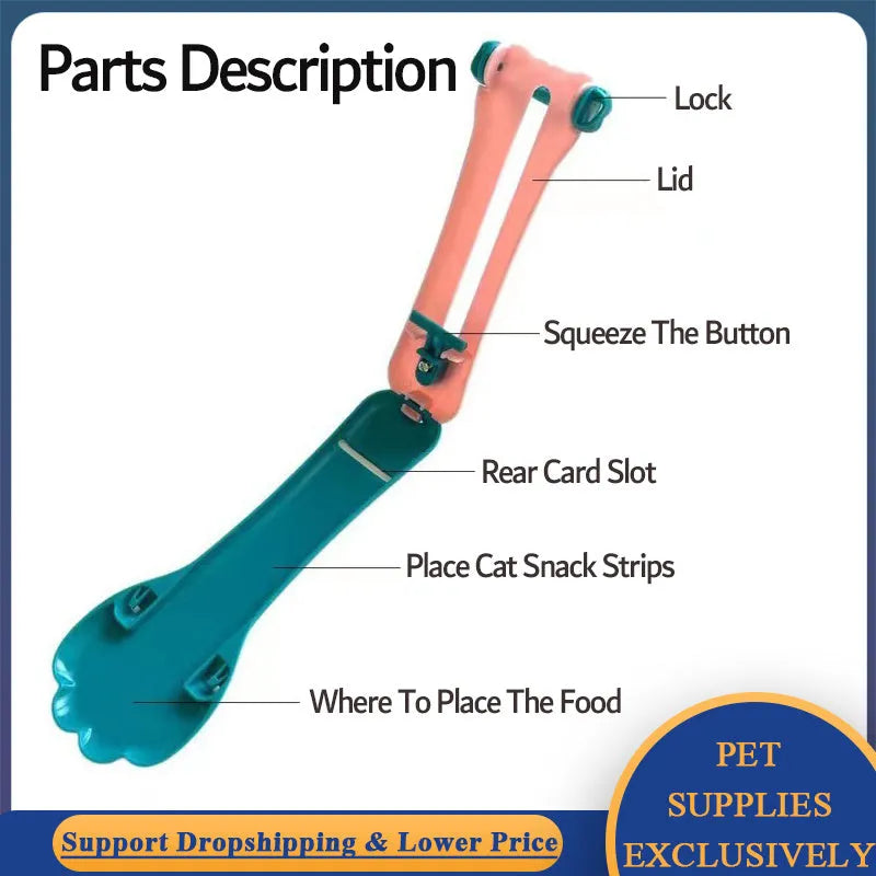 Green and pink pet feed spoon and snack squeezer tool for cat and dog food.