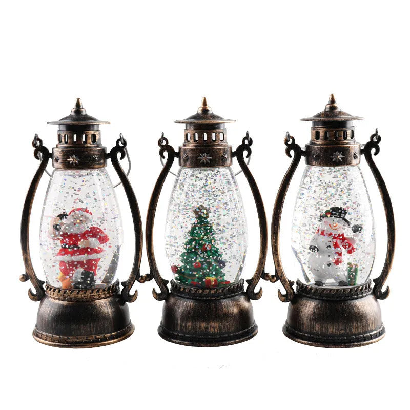 Plastic Christmas oil lamp decoration with LED light showing snowman figurine inside crystal ball dome.