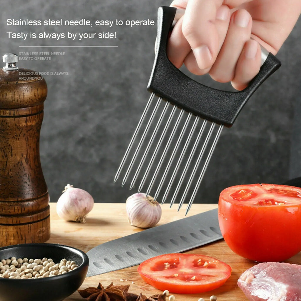 Stainless steel onion and tomato slicer holder with ABS handle on a kitchen counter
