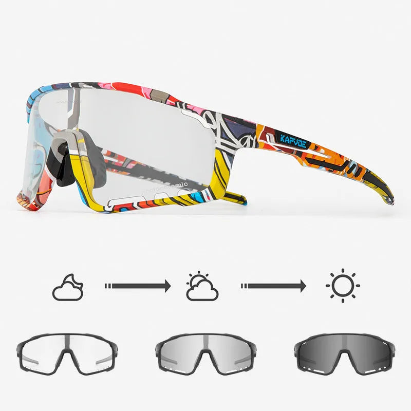 Photochromic cycling sunglasses with a semi-rimless TR90 frame shown in one of fourteen colour options.
