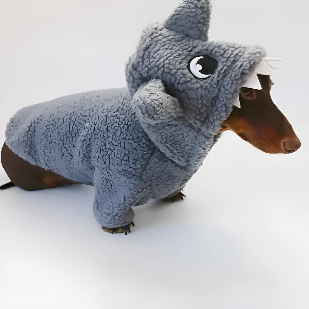 Grey fleece-lined hooded shark sweater for small to large dogs and cats, winter pet clothing