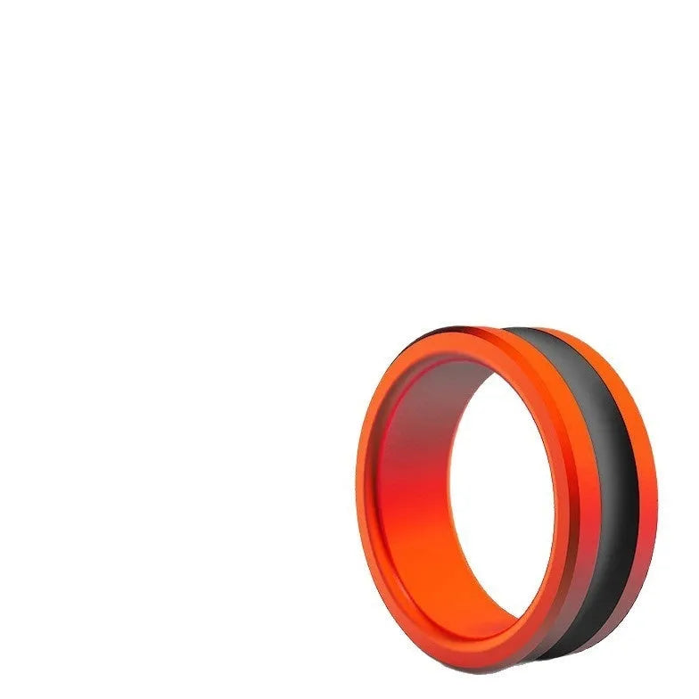 Alloy fishing hand guard pull loop tool in orange and silver colours on a plain background.