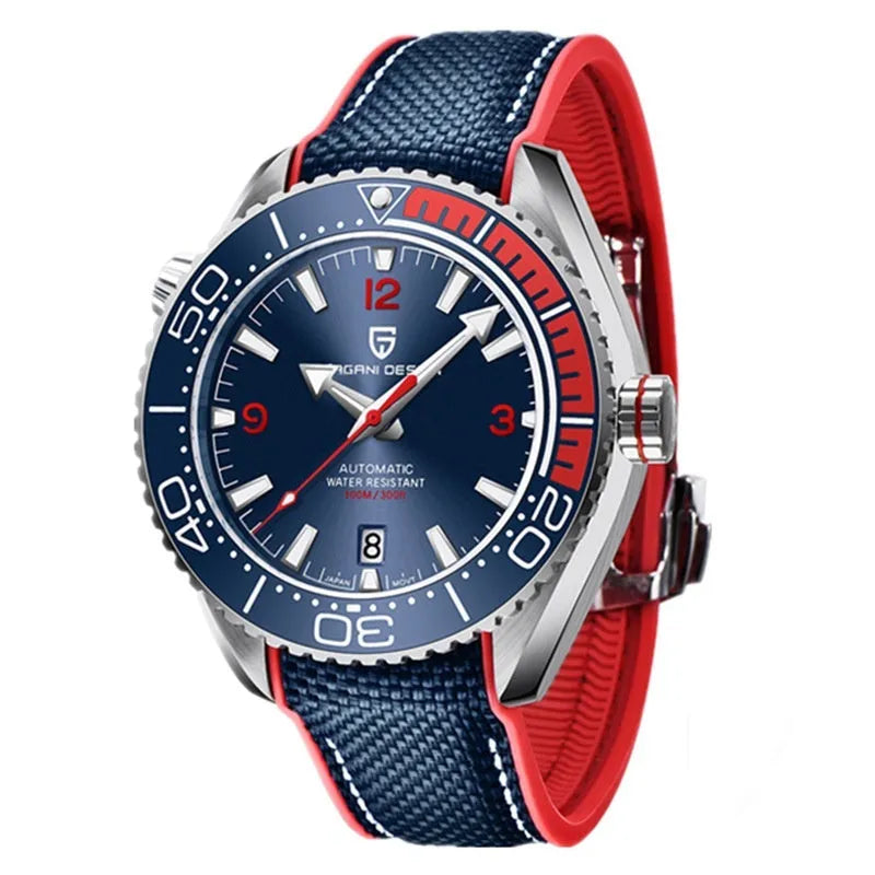 Men's mechanical watch with rotatable digital bezel, luminous dial, synthetic sapphire glass, and nylon rubber strap