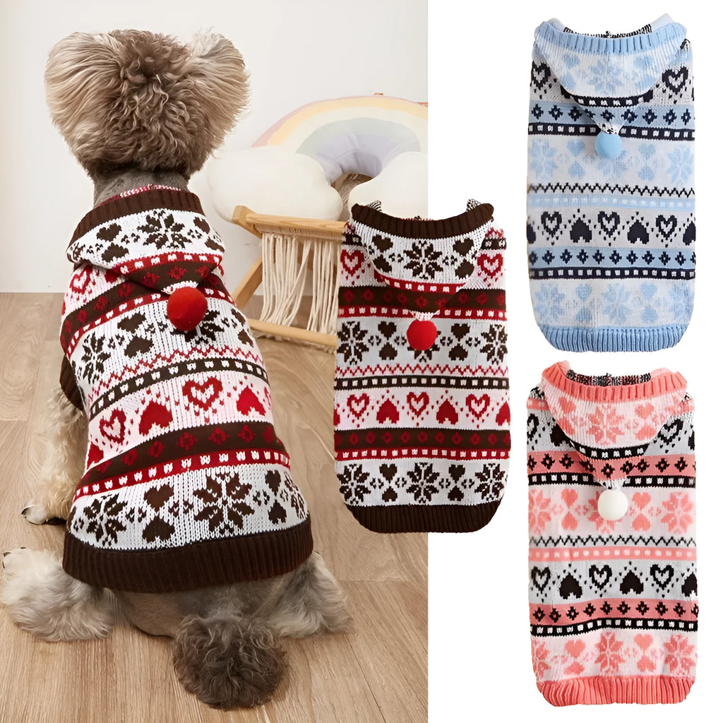 Blue striped camouflage dog sweater with snowflake and heart pattern on small white dog