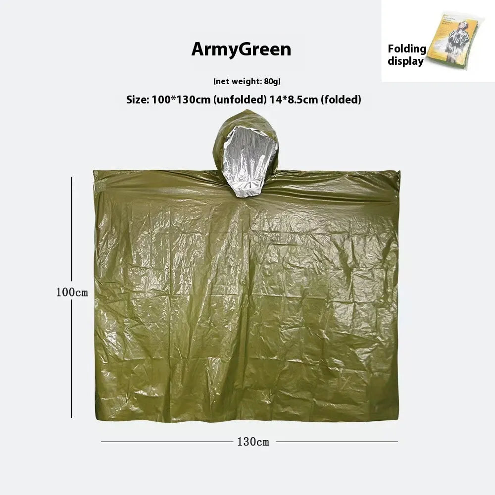 Orange and army green marathon raincoat showing 100x130cm dimensions for cross-country use