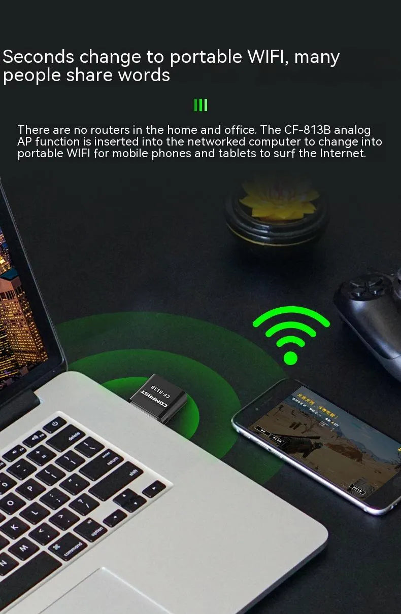 Black two-in-one USB WiFi Bluetooth adapter with nickel-plated connector for desktop and laptop