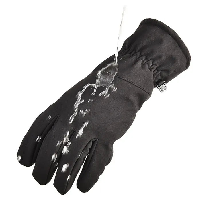 Army Green tactical ski glove with touch screen fingertips on a snowy background.