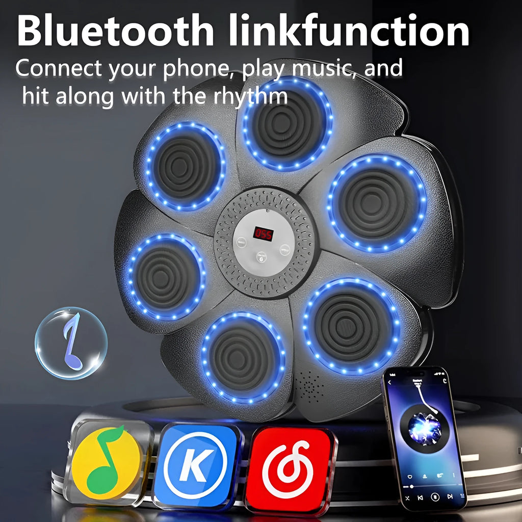 Black smart music boxing machine wall target with Bluetooth and LED lights, includes half finger boxing gloves