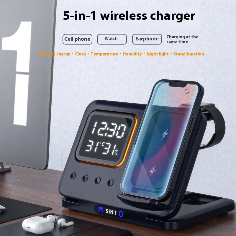 Black wireless charging station showing phone and watch charging with LED display showing time and temperature