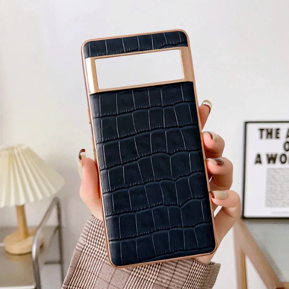 Genuine leather phone case for Google Pixel 6-7 Pro in black colour with electroplating finish
