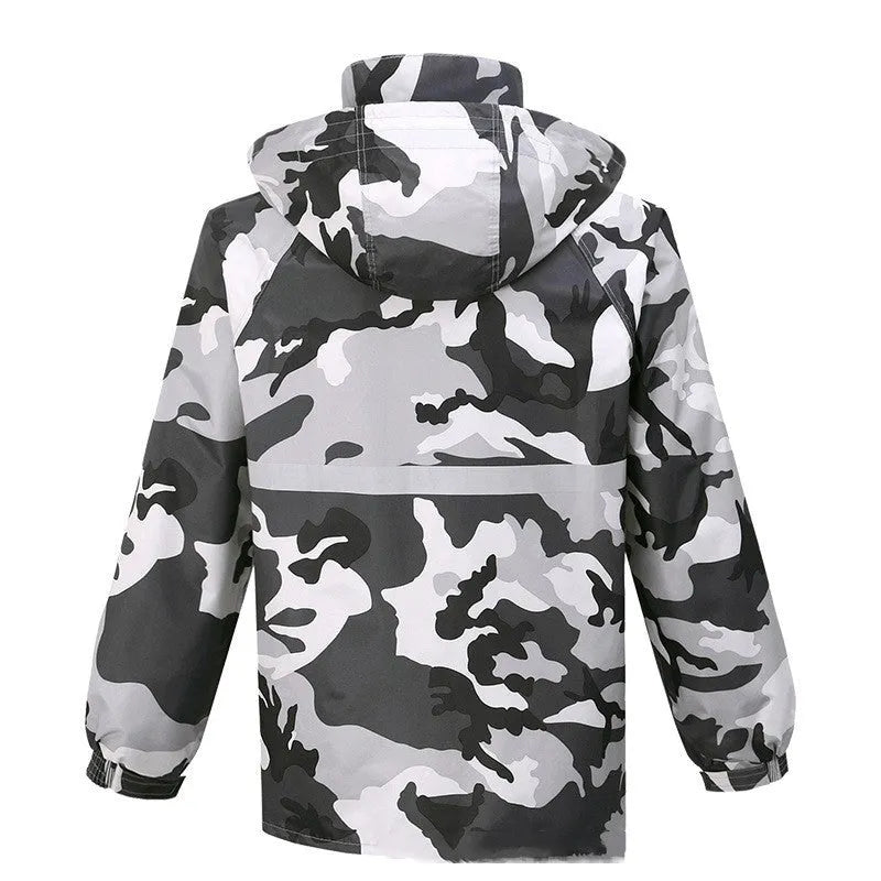 Gray camouflage raincoat and rain trousers suit for men, two-piece set with PVC waterproof coating, on white background.
