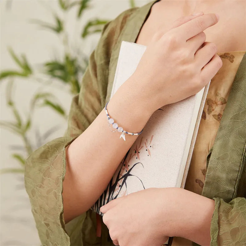 Hetian jade chalcedony handmade woven carrying strap bracelet with diamond lotus seedpod pendant, light green jasper colour