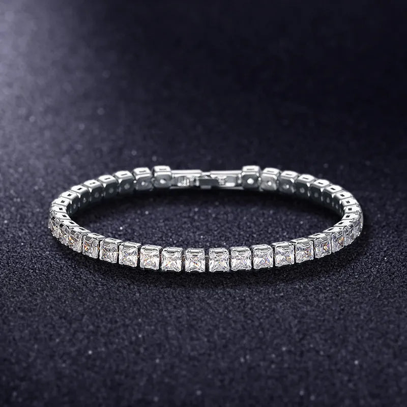 Electroplated platinum square diamond zircon bracelet for women in geometric design with gang drill details