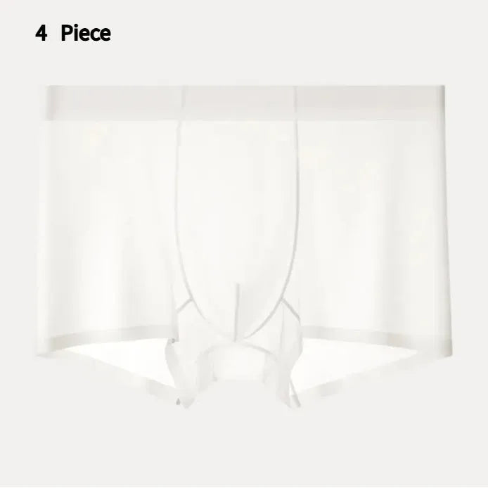 Seamless Ice Silk men's boxer briefs in white, shown flat to highlight traceless construction.