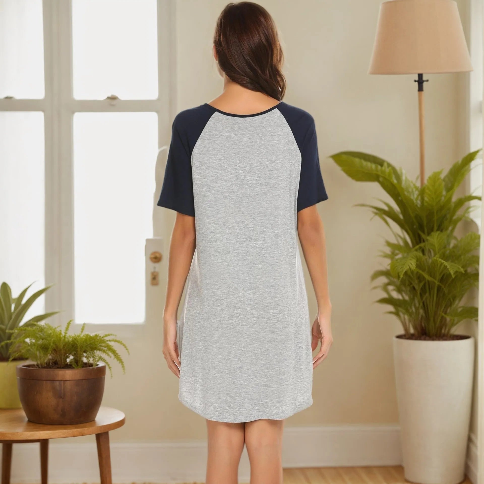 Women's double brushed milk silk nightdress with colour contrast patchwork sleeves in ash or grey.