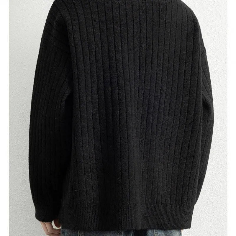 Men's grey half-zip textured knit pullover sweater with loose fit and long sleeves