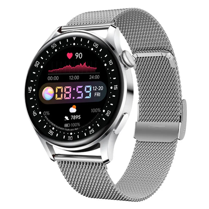 Smart watch with 1.32-inch touchscreen display showing health metrics on leather wristband