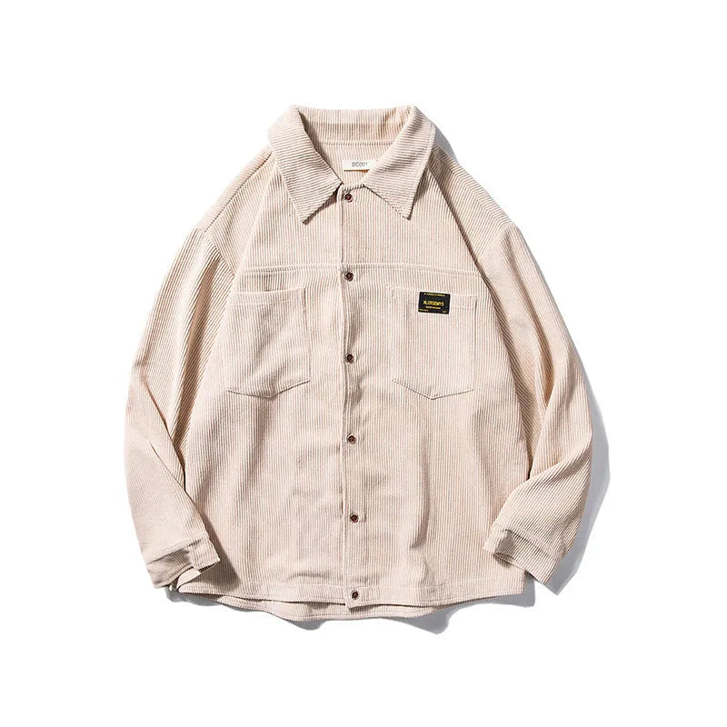 Men's corduroy long sleeve shirt cardigan jacket with lapel collar in apricot, front view