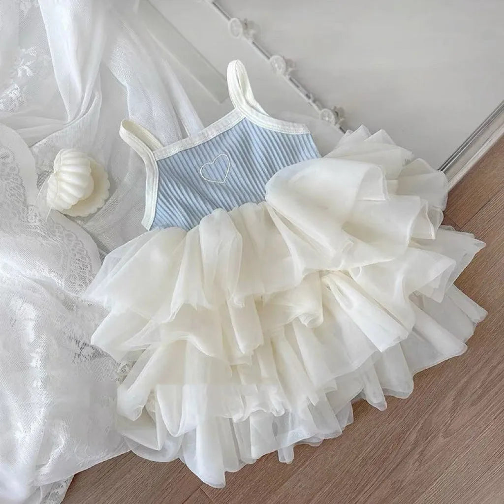 Girls cotton suspender baby cake dress in light blue, vest-skirt style, on a child, size 73-130cm