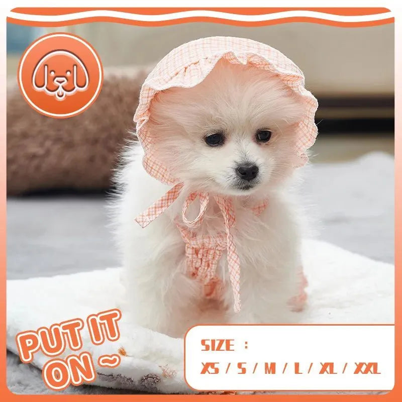 Orange dog jumpsuit with matching hat for small breeds like Yorkies and Chihuahuas, summer outdoor wear
