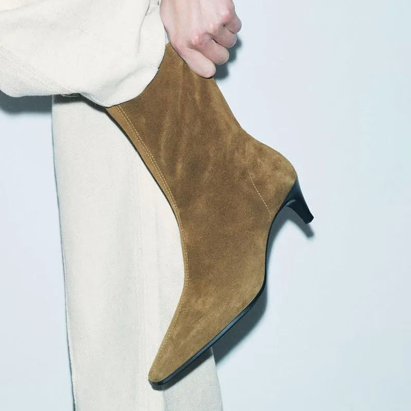 Brown square toe ankle boots with side zipper and kitten heels on waterproof platform sole