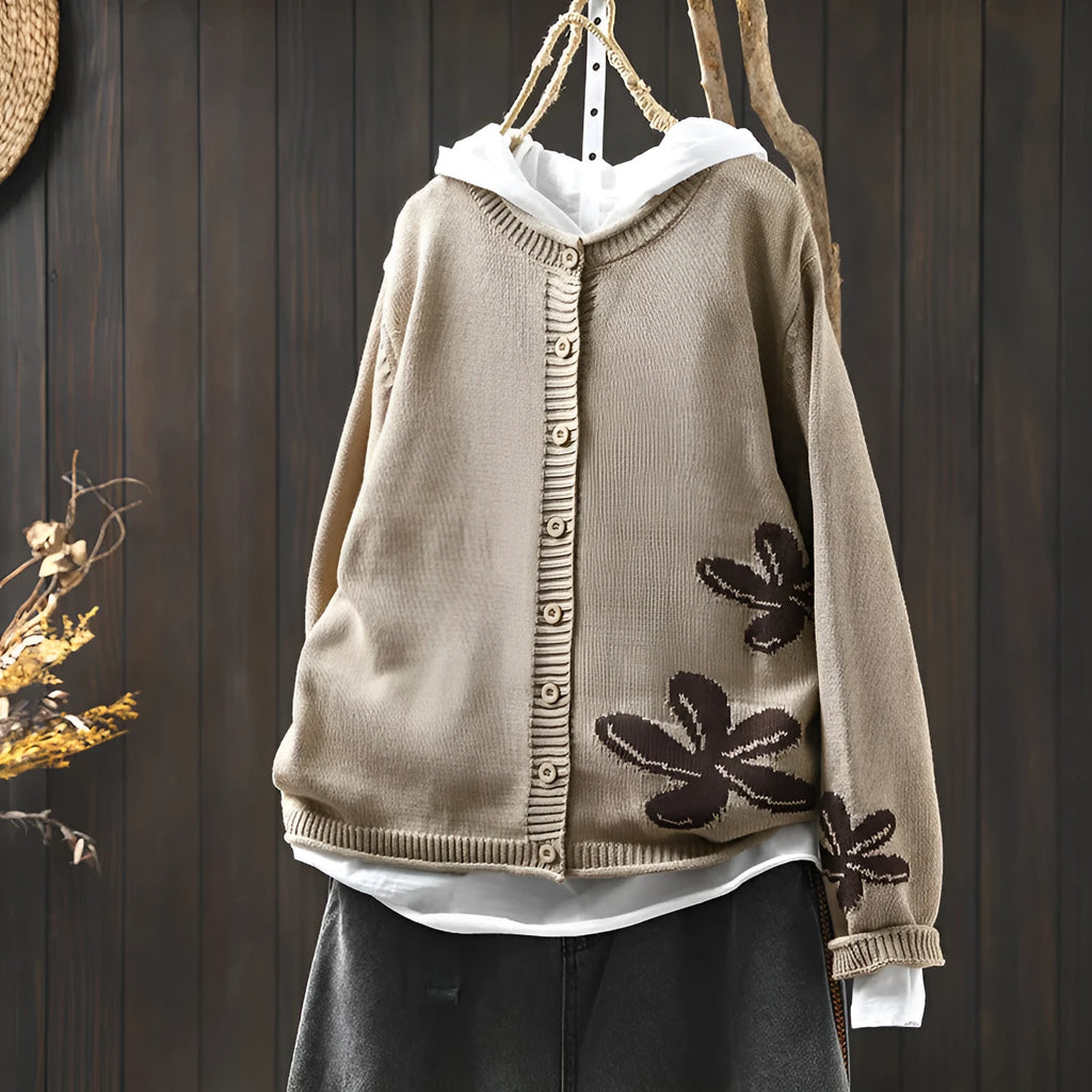 Women's loose retro flower contrasting knit cardigan with button front in khaki, showing long sleeves and floral pattern
