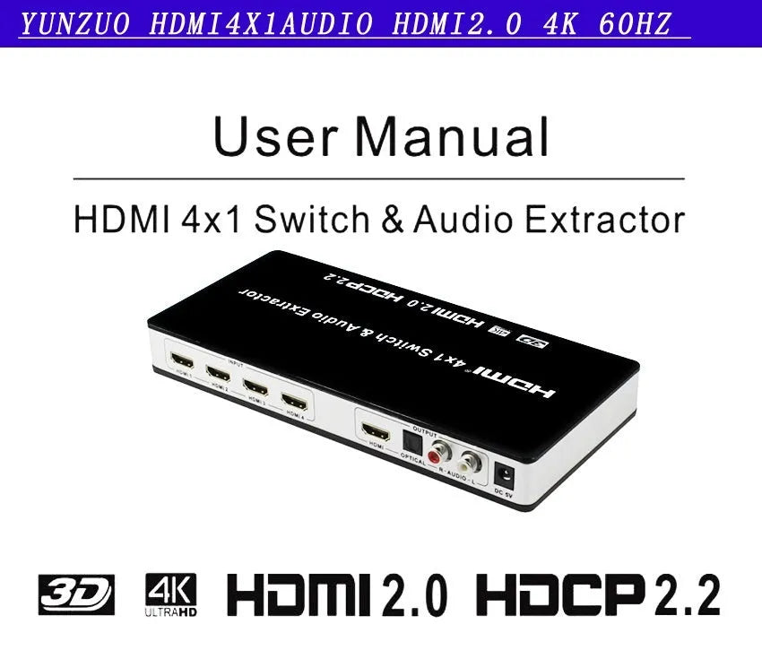 Black 4x1 HDMI switcher with remote control for audio and video signal distribution