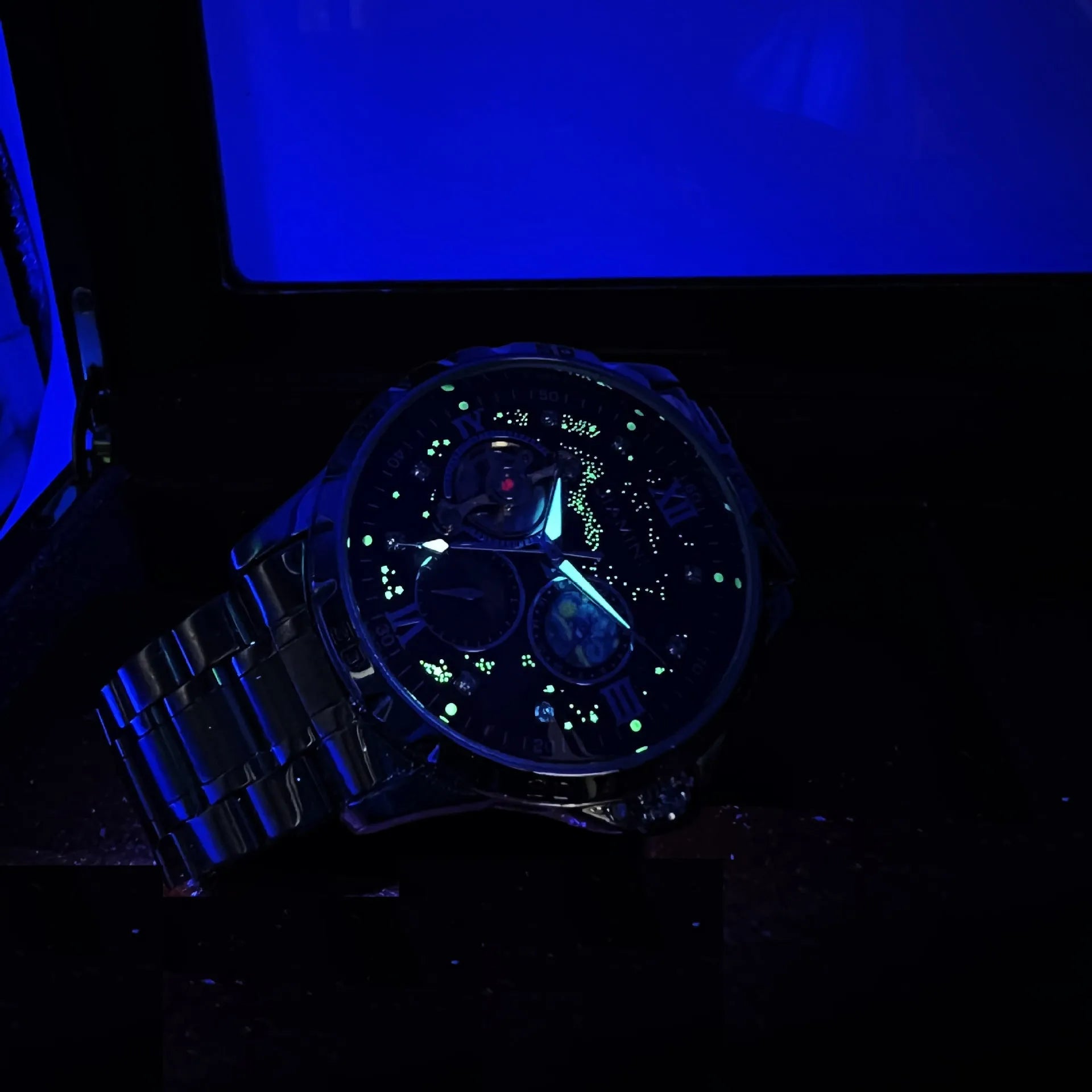 Men's rose gold automatic mechanical chronograph watch with black dial