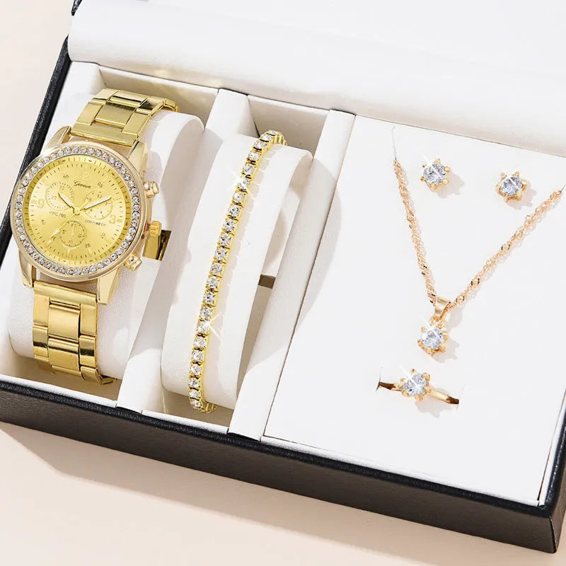 Women's three-eye quartz diamond-embedded watch with rose gold alloy strap