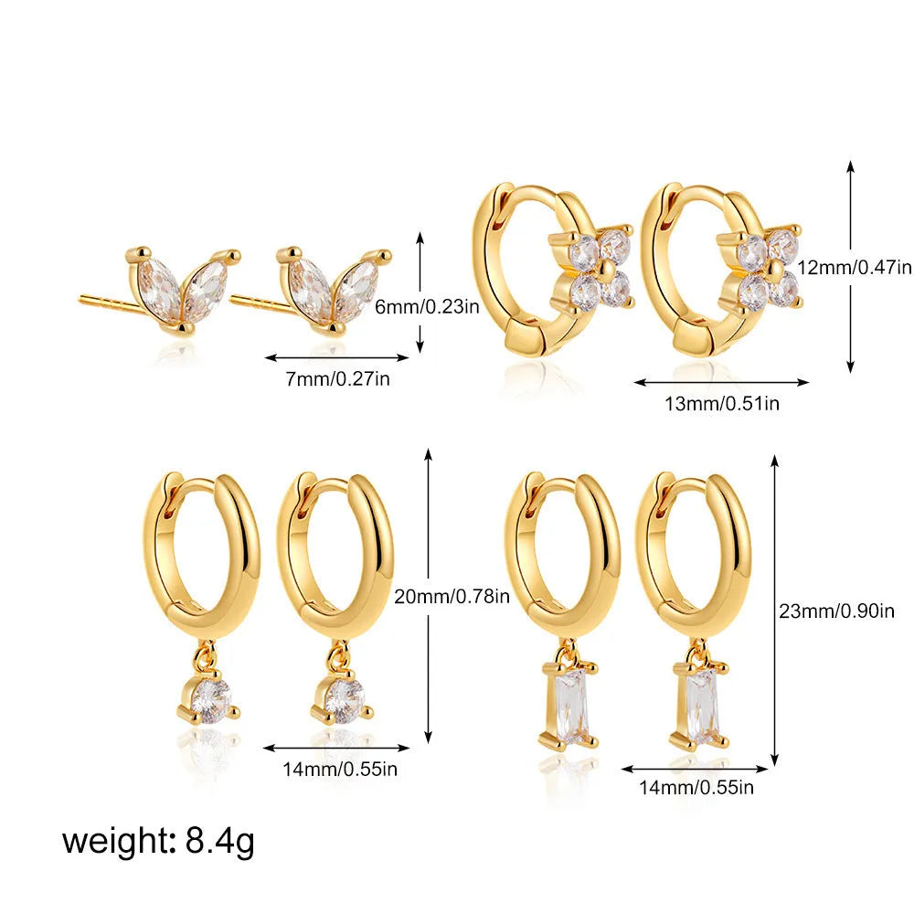 Copper geometric earrings four-piece set with star and shape designs in gold or silver electroplated finish