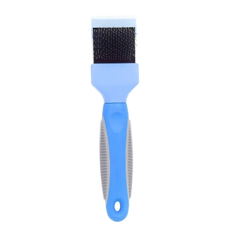 Double-sided pet brush with stainless steel pins and ABS plastic handle in blue or pink colour options