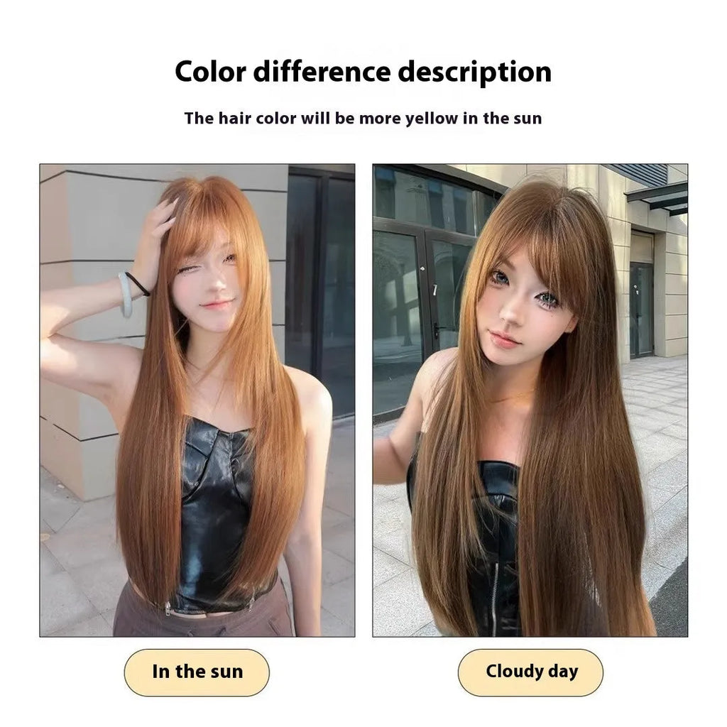 Long straight synthetic wig with bangs in warm tea chestnut brown colour