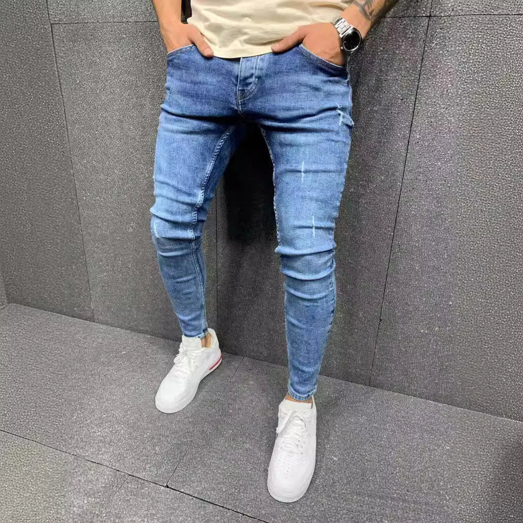 Men's blue ripped stretch denim jeans mid-waist trousers size options S to XXXL