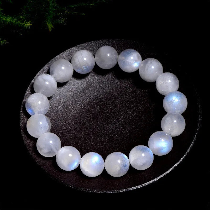 Natural blue moonlight round bead bracelet made from polished moonstone beads in geometric design