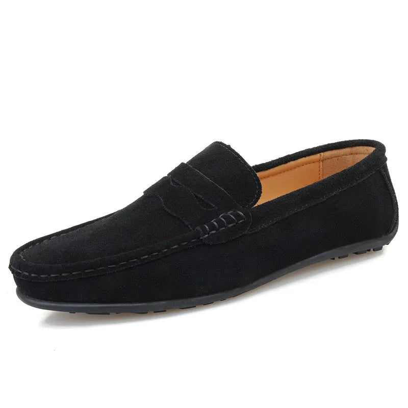 Men's solid colour suede loafers with slip-on design and round toe