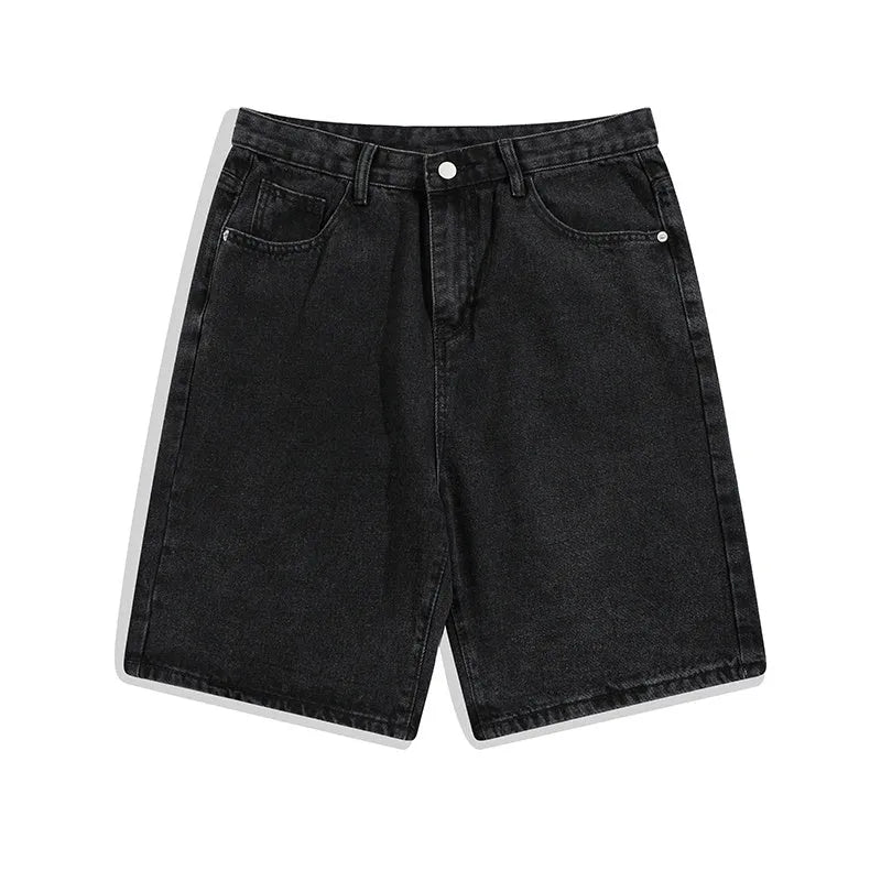 Men's casual denim shorts in mid waist straight-leg style with five pockets