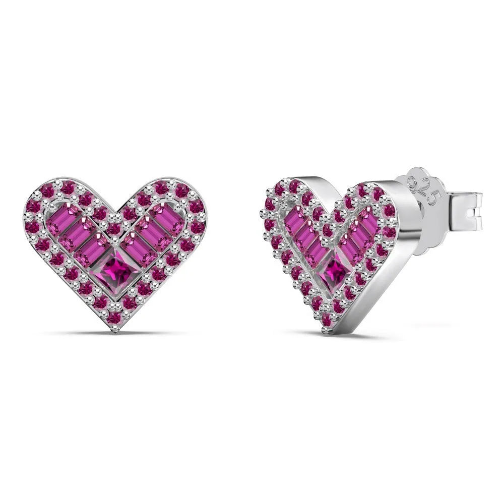925 sterling silver heart-shaped stud earrings with rhinestone and zircon centre, electroplated, on white background