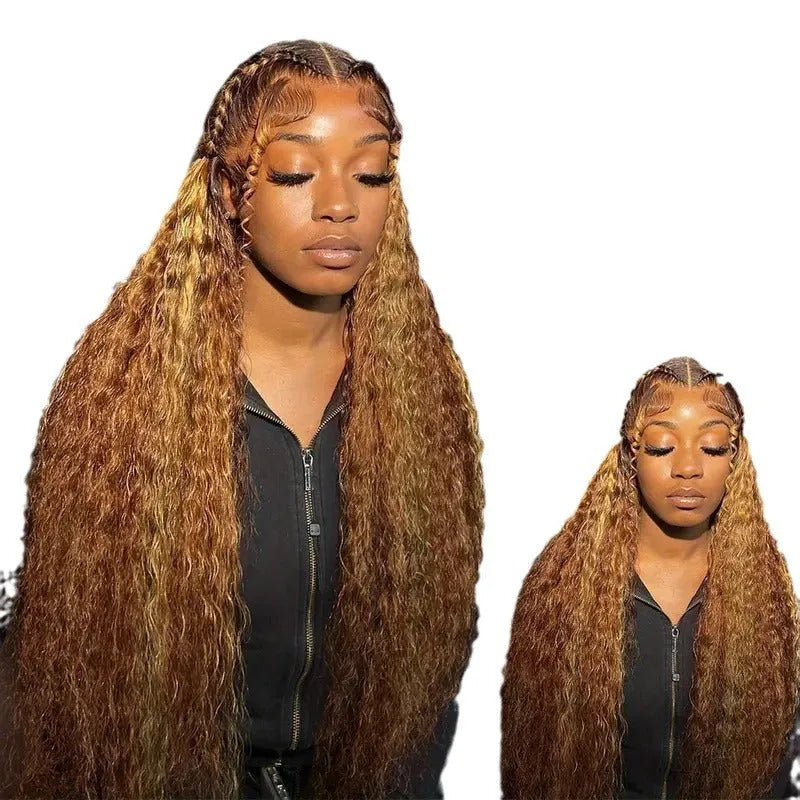 Medium volume long curly lace wig with gradient highlights in light gold colour for face shape modification
