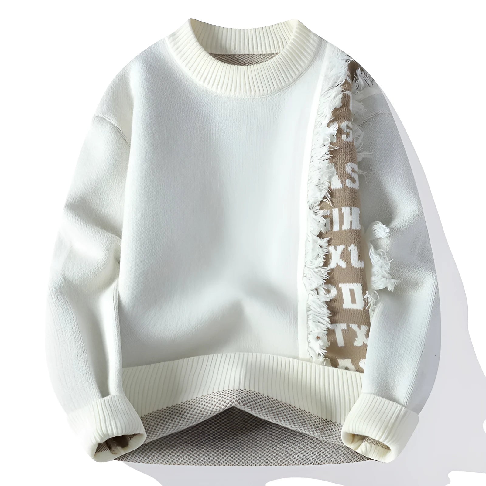 Man wearing a loose grey knitted pullover jumper with a ribbed hemline.