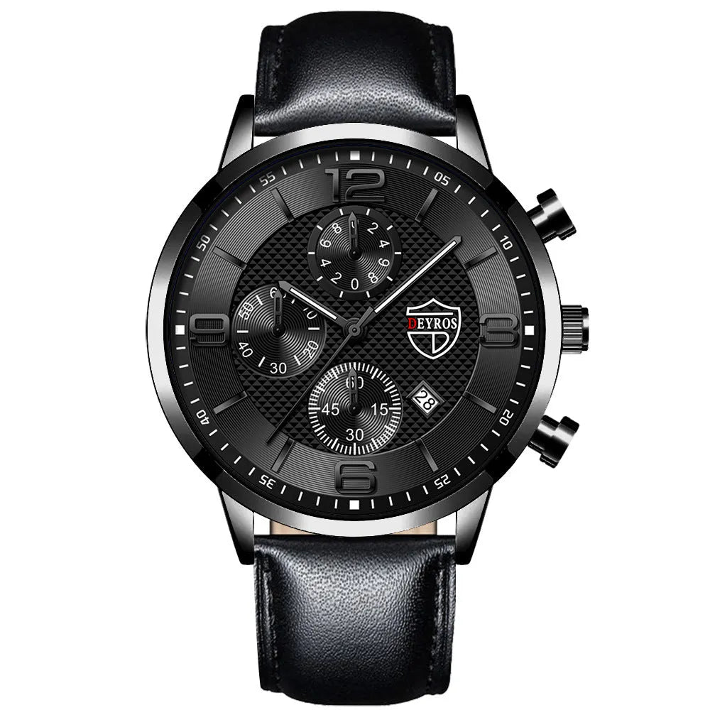 Men's calendar quartz watch with 42mm round alloy case, white dial, date window, and pin buckle on a black band