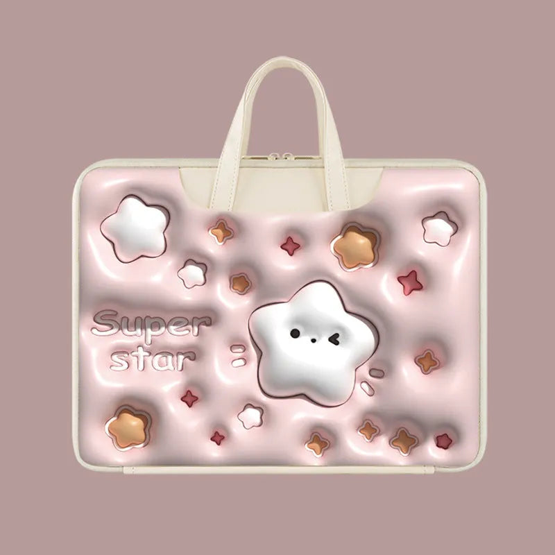 Inflatable grey laptop bag with a cute panda design, showing the inflation valve and back strap for attaching to suitcase handle.