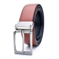 Men's brown and black casual leather belt with rotating pin buckle showing alloy fastener and two-layer cowhide construction