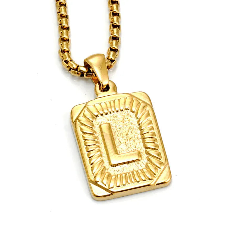 Gold-plated 18K titanium steel letter pendant necklace with pearl chain, gold colour, unisex design