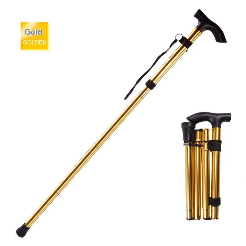 Aluminium folding walking cane extended to show height adjustment with non-slip handle