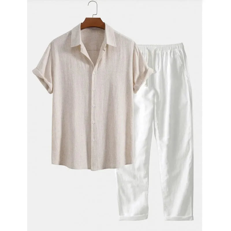 Men's loose fit linen-blend short sleeve shirt and trousers casual suit set on a hanger.