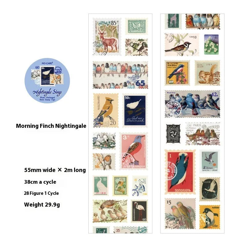 55mm wide retro journal decoration stamp roll with butterfly, forest, bird, or mushroom themed designs