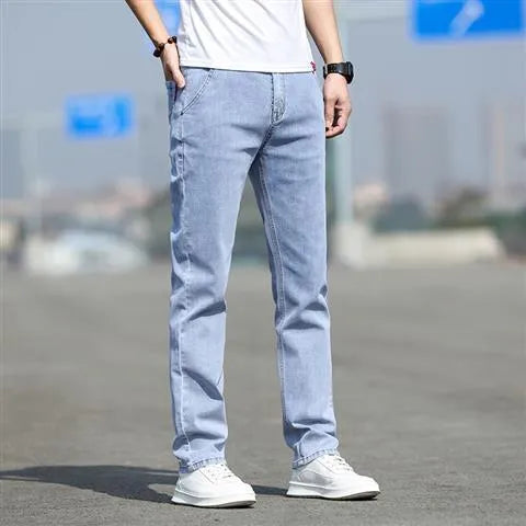 Men's smoky gray rabbit fur elastic jeans straight leg low waist design front view