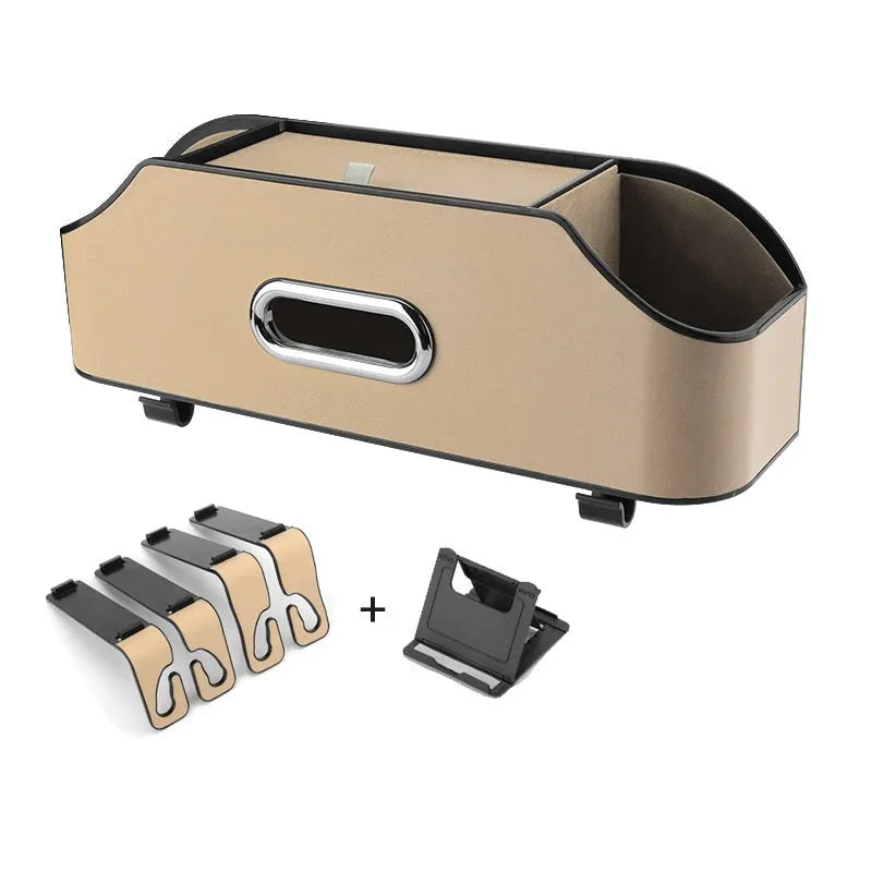 Genuine leather car tissue box holder in one of five colours, showing suspended design.